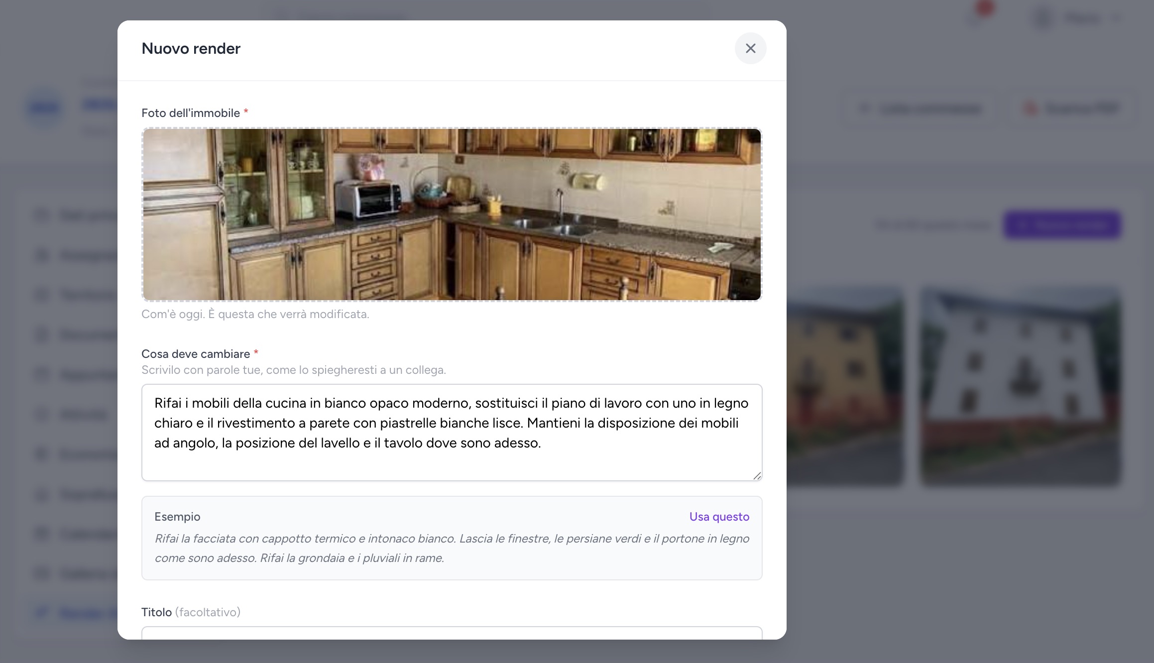 Finestra Nuovo render con la foto della cucina da ristrutturare caricata e la descrizione dell'intervento scritta a parole