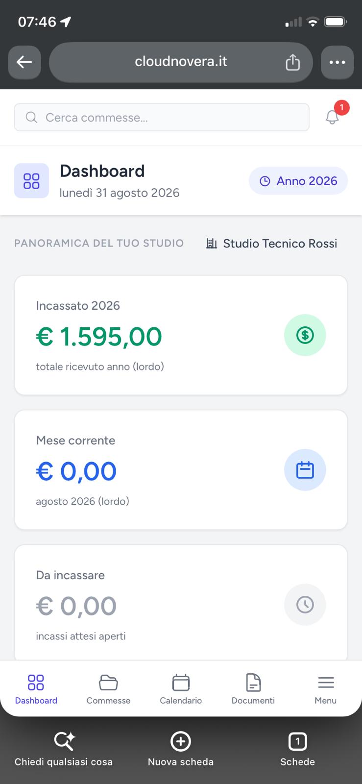 Dashboard di Novera su smartphone, con incassato dell'anno e del mese corrente