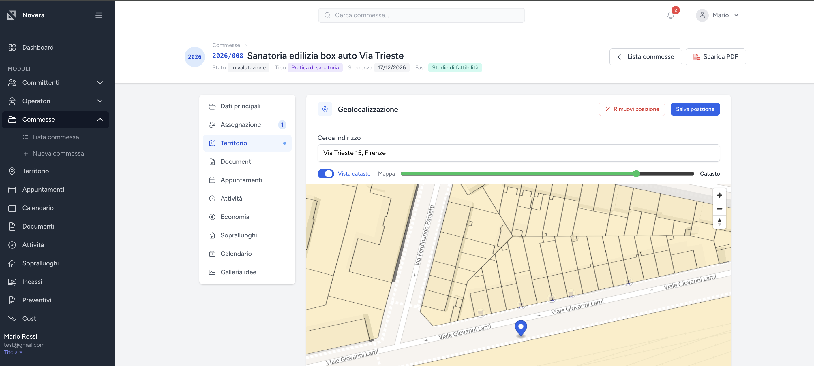Tab Territorio della commessa con vista catasto sovrapposta alla mappa e ricerca indirizzo