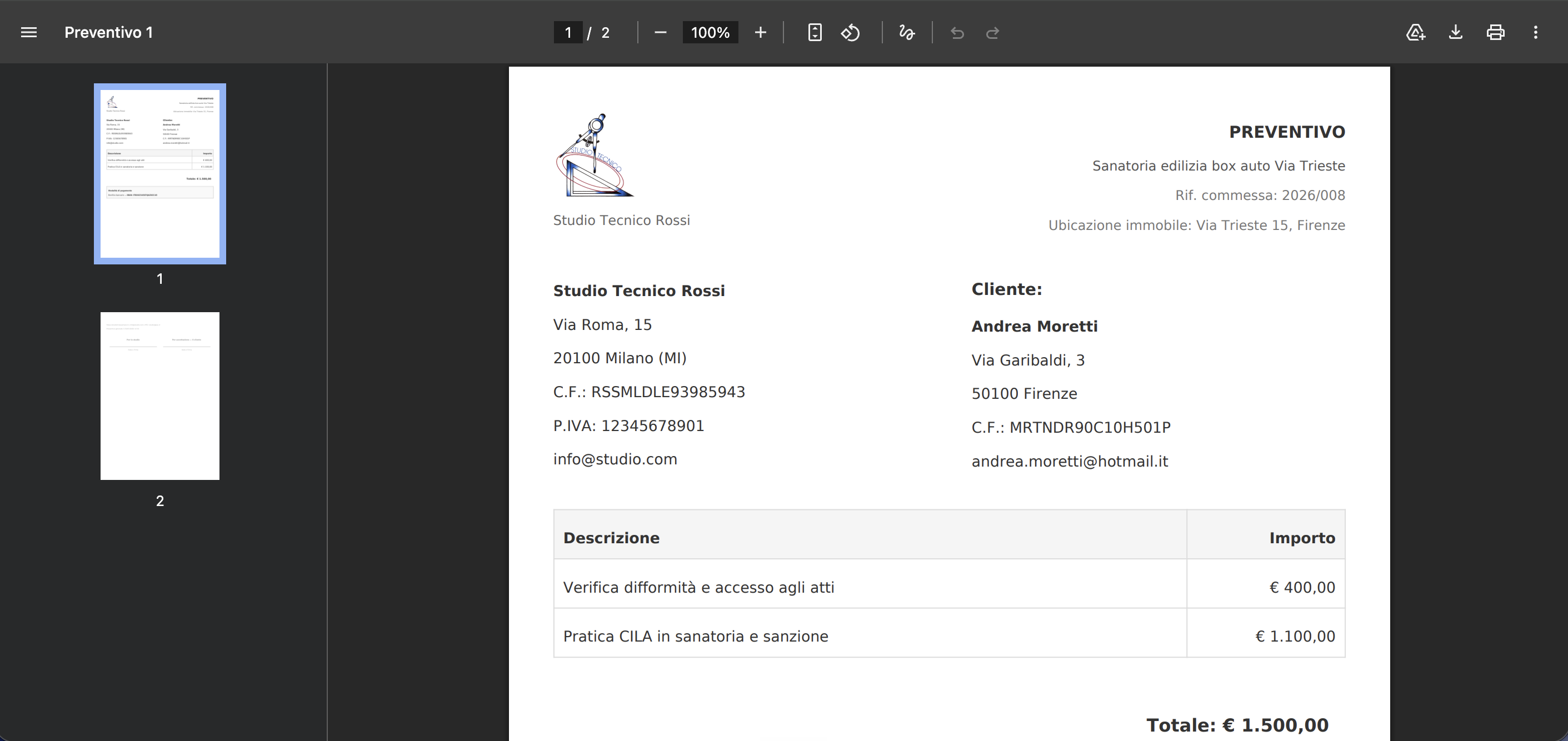 PDF di un preventivo generato automaticamente con dati dello studio, del cliente e voci di costo